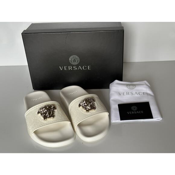 NIB $425 Versace Medusa Head Slides Sandals White 8.5 US (38.5 Eu) DSR262CN IT - Picture 13 of 14